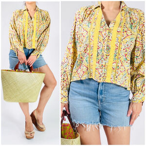 Women Pilcro Pintuck Peasant Lace Print Blouse Top M Yellow Red Green White